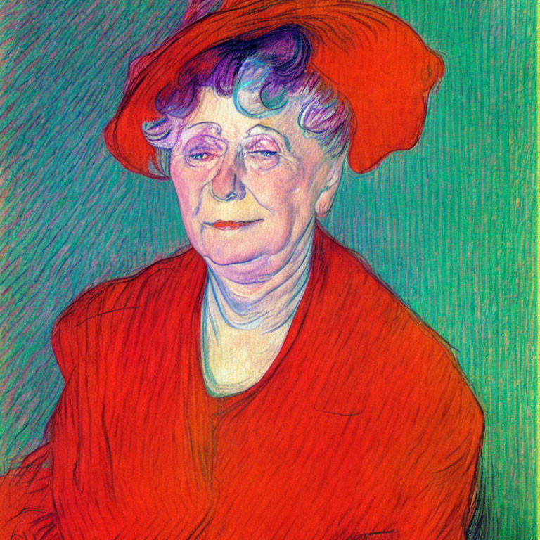 Vivid impressionist portrait of a woman in red outfit and orange hat