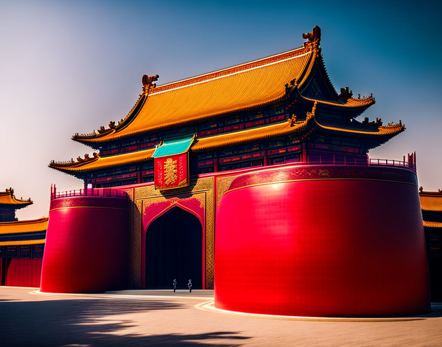 Traditional Chinese Building in Red and Gold with Figure under Blue Sky