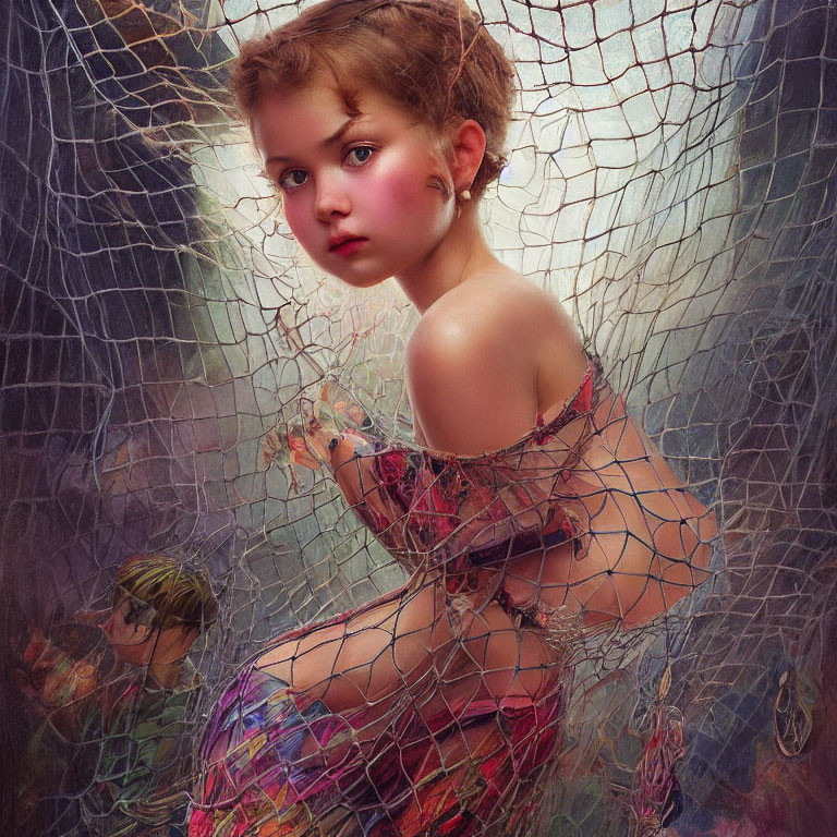 Digital painting: Young girl in colorful net with obscured figures