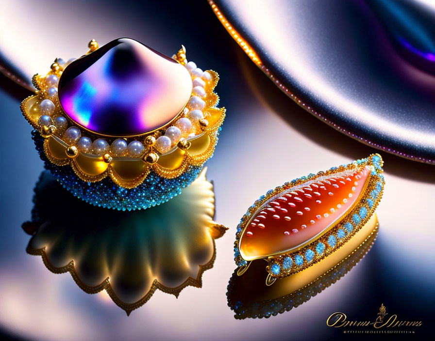 Opulent ring with iridescent gemstone, pearls, and blue gems on reflective surface