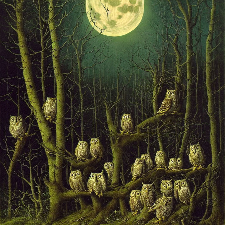 Owls perched on moonlit forest branches