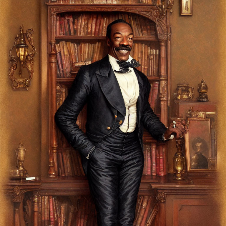 Smiling man in 19th-century attire in front of bookshelf