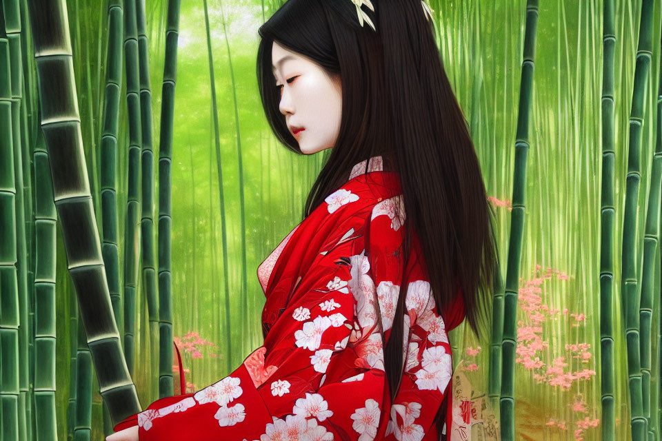 Woman in Red Kimono Amongst Bamboo Forest with Flower Patterns