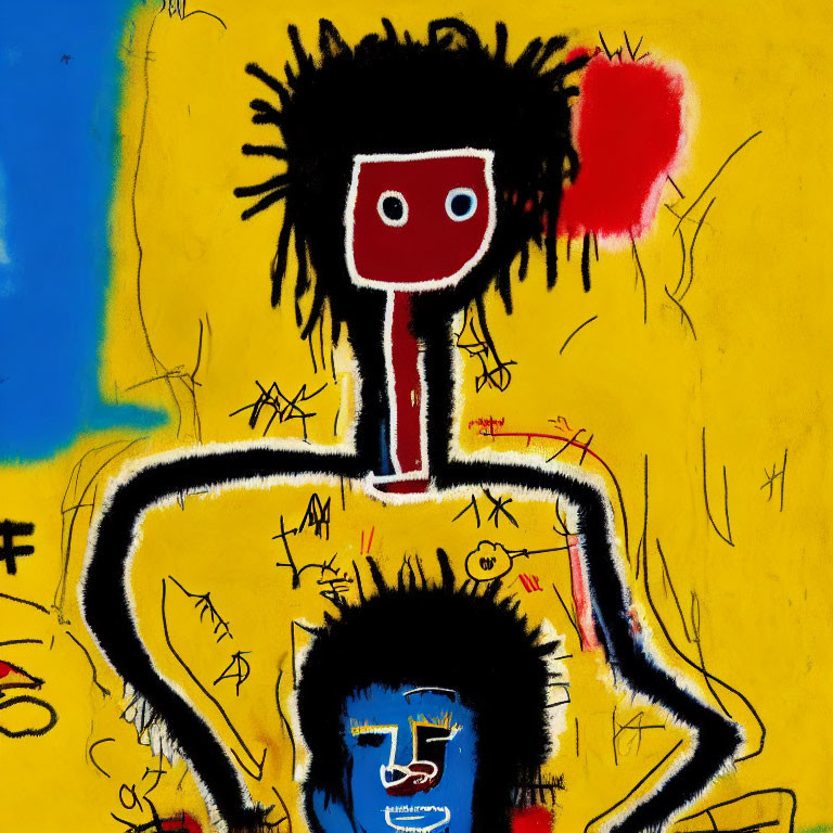 Stylized graffiti artwork: red-eyed figure with wild hair on yellow background