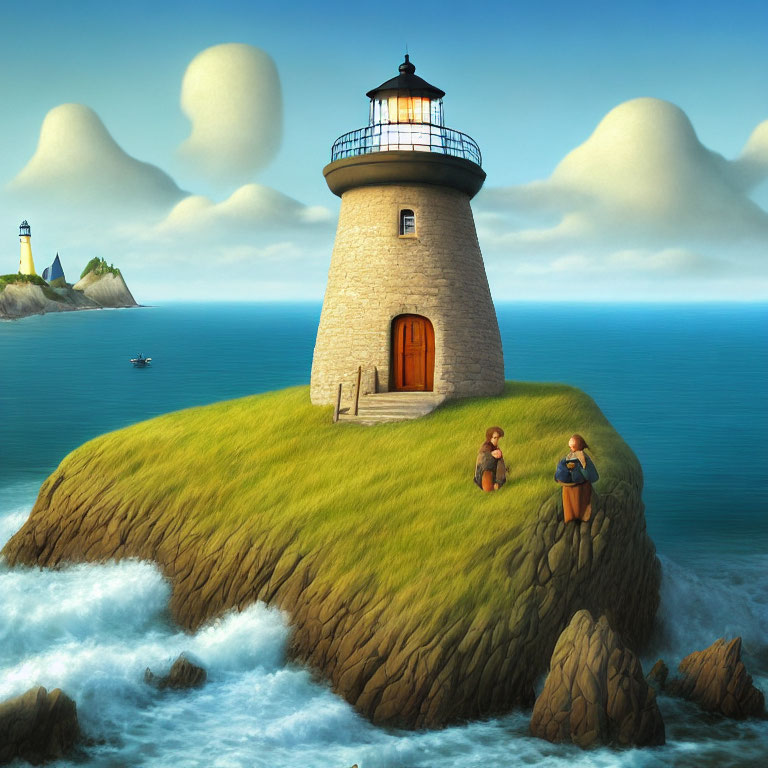 Coastal scene: Stone lighthouse, couple, boat, and cloudy sky