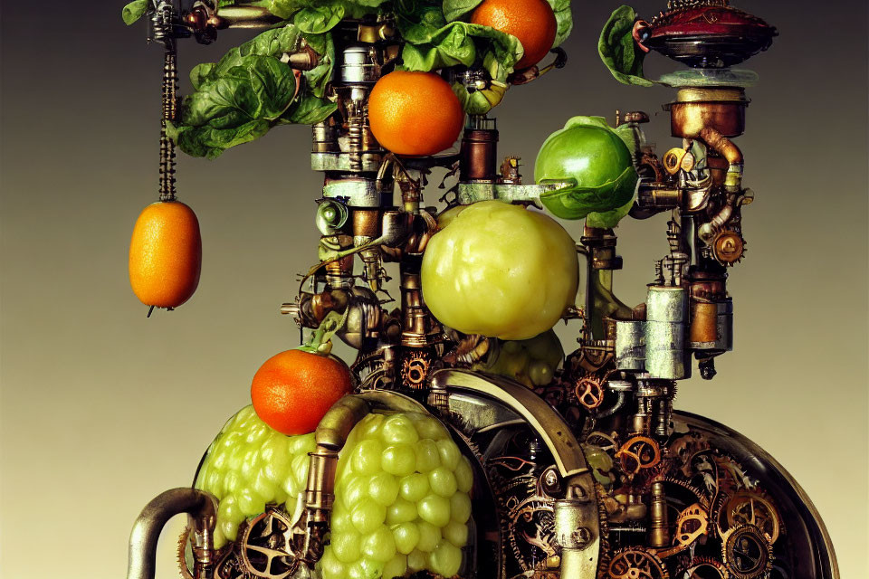 Steampunk-style Fruit Assembly with Grapes, Oranges, and Apples