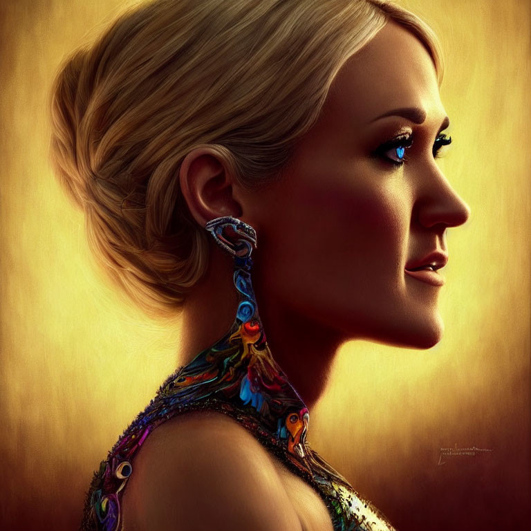 Woman's side profile with elegant updo and colorful makeup in warm lighting