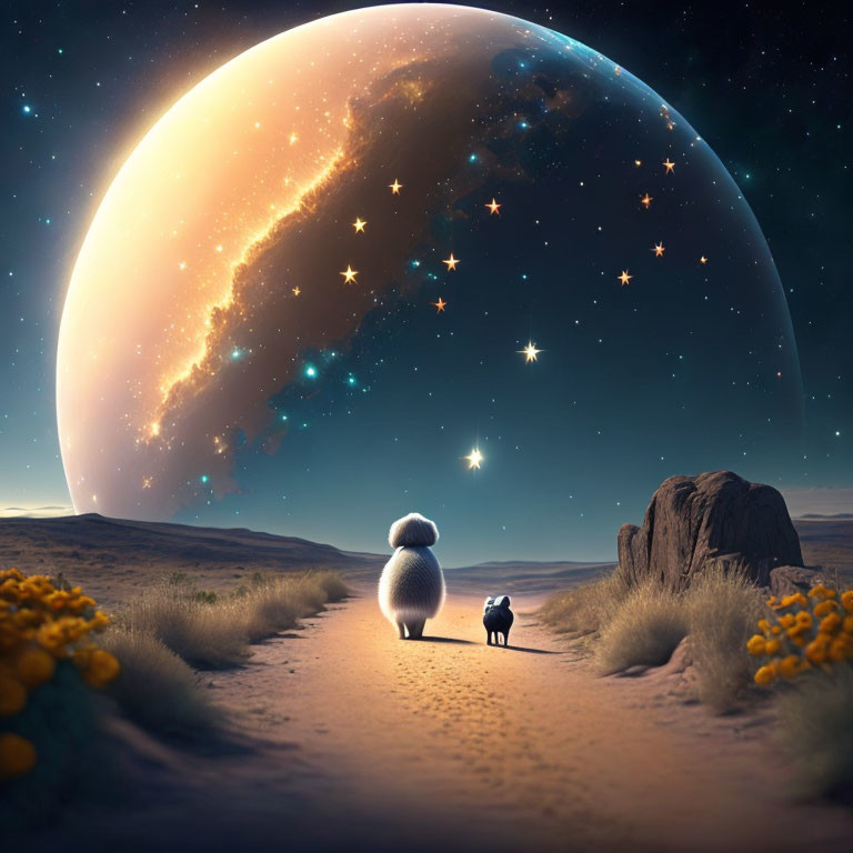 Person and dog admire giant planet in desert night sky