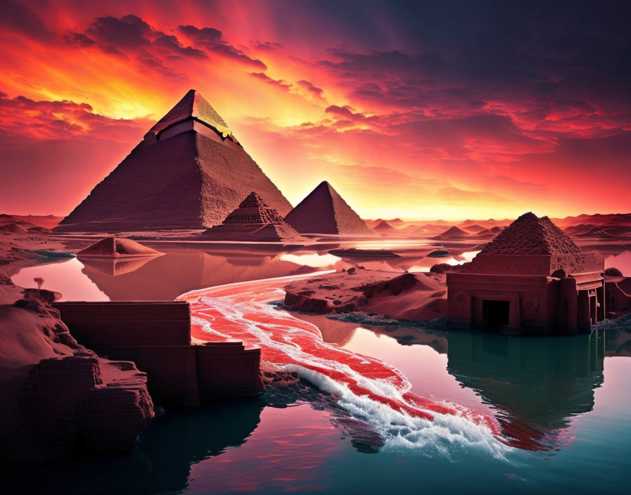 Egyptian pyramids by water under vibrant sunset.