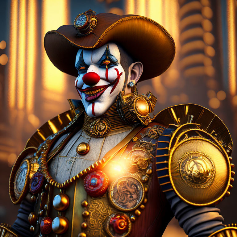 Detailed CG image of steampunk clown with wide grin, top hat, golden gears, and jewelry