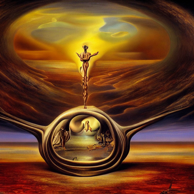 Surreal painting of figure above eye-shaped landscape