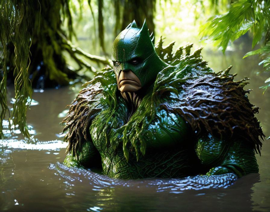 Green scale-skinned figure with bat-mask emerges from swampy water surrounded by greenery
