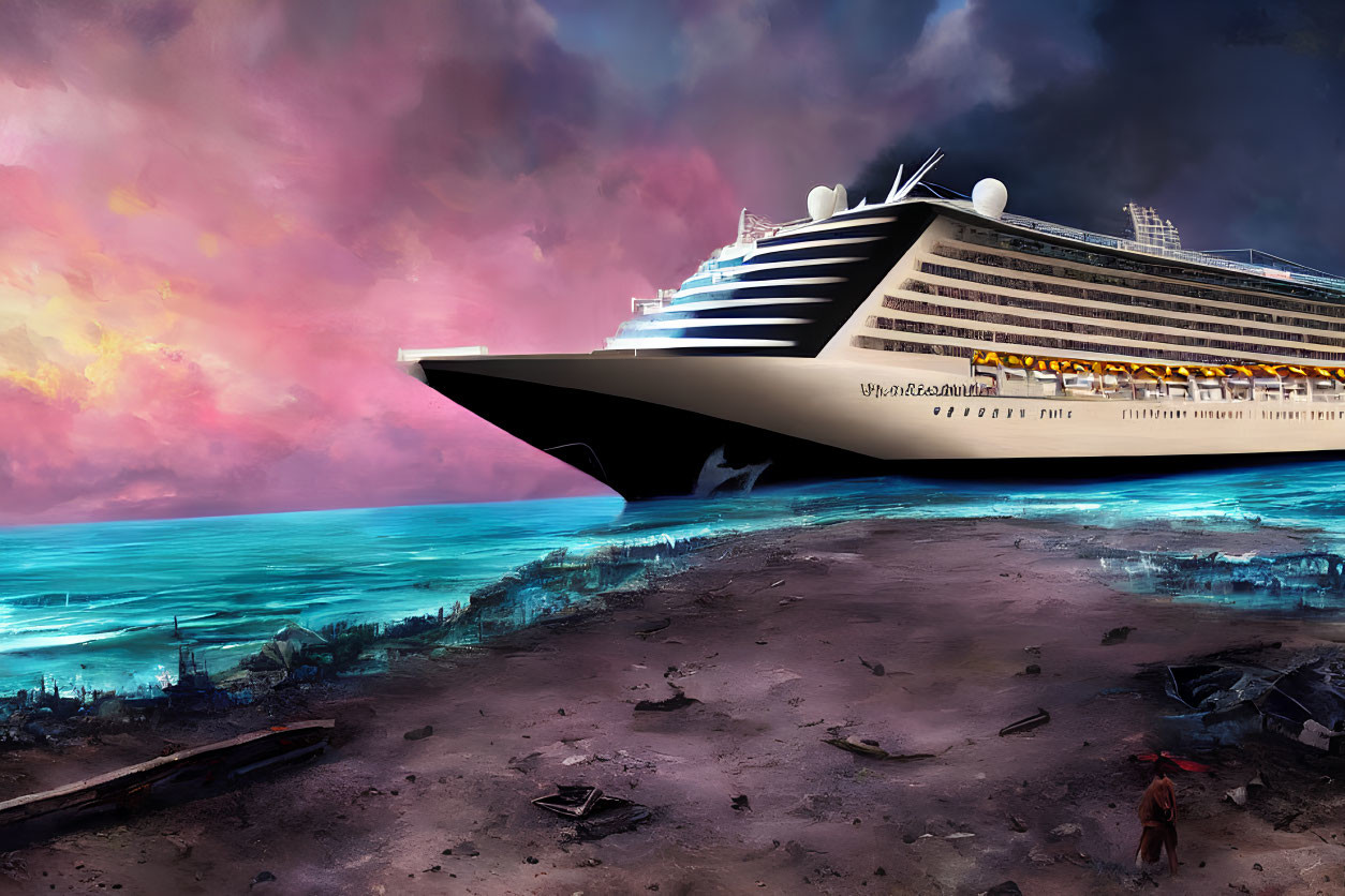 Gigantic cruise ship near dystopian shore under stormy sky with individual gazing at sea amid