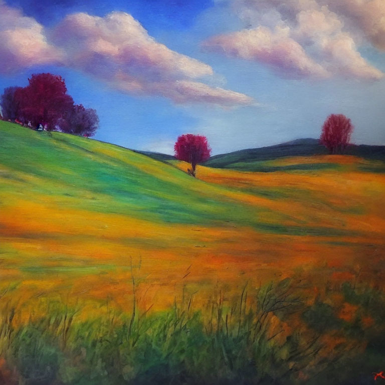 Colorful landscape painting of rolling green and yellow hills with red trees under a blue sky.