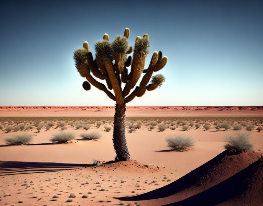 Isolated cactus with multiple arms in serene desert landscape