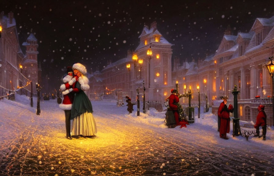 Victorian-era Christmas scene with period costumes, snowy street, lantern-lit couple, and carol