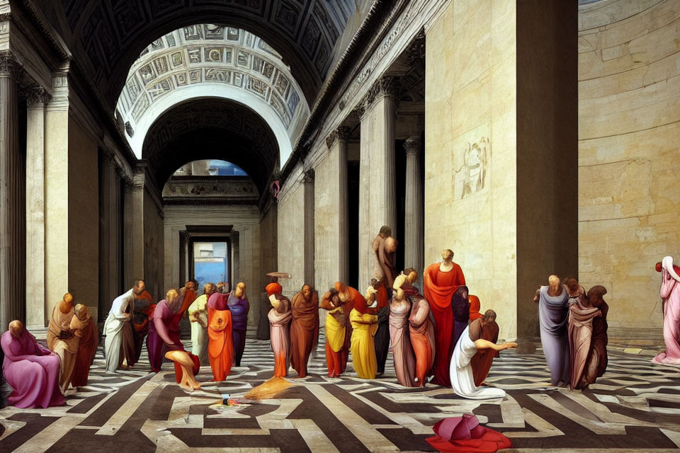 Ancient architectural hall with people in vibrant togas contemplating geometric shapes