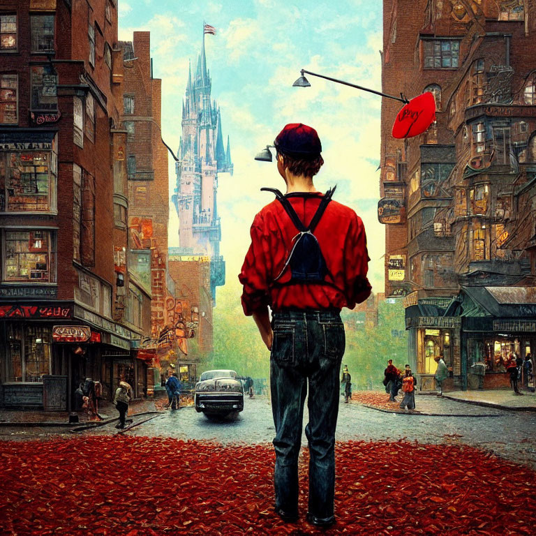 Boy in red shirt and denim overalls in retro city street with red leaves, gazing at cathedral