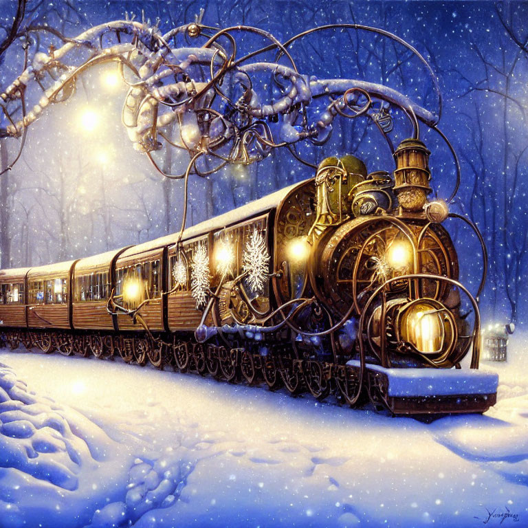 Vintage holiday train in snowy night scene