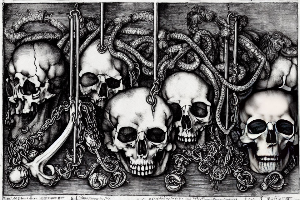 Detailed black and white illustration: Row of five human skulls with serpentine ropes, central skull wearing