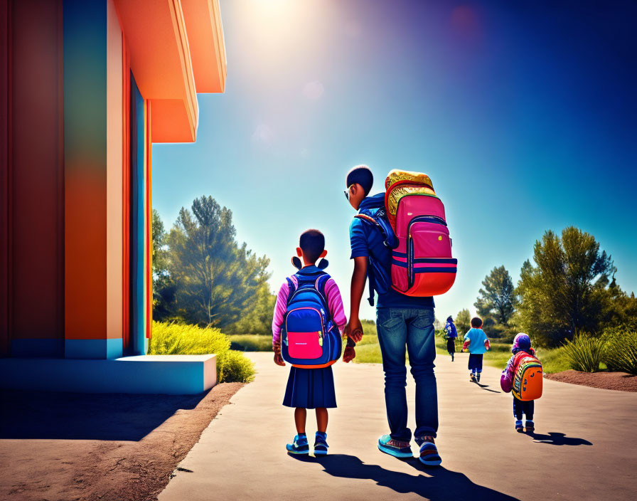 Three children walking to colorful school building