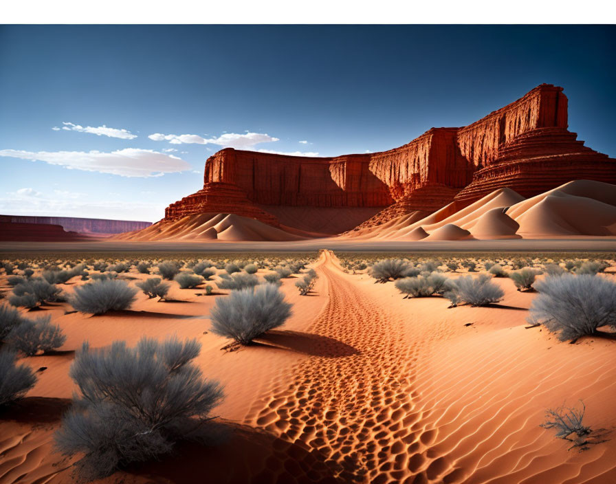 Barren desert landscape with red rock formations, sand dunes, and shrubs