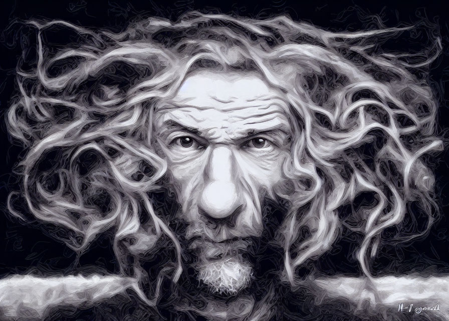 Monochromatic artistic portrayal of contemplative figure with wild, curly hair and intense gaze