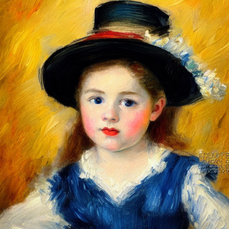 Young girl in wide-brimmed hat and blue dress against warm background