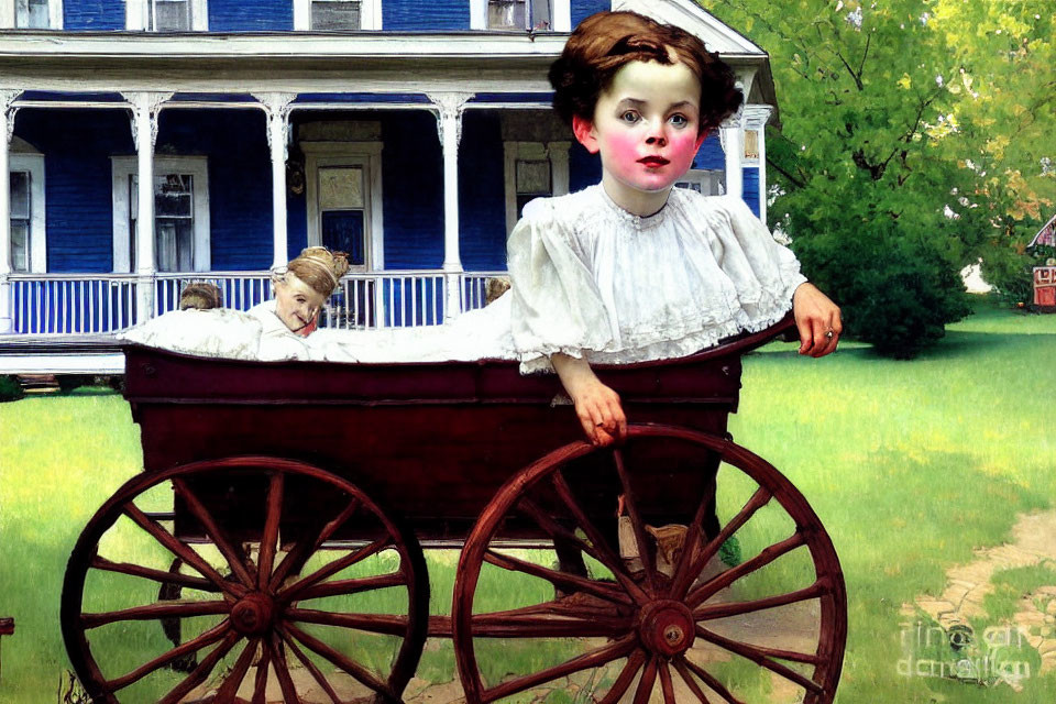 Vintage Painting: Young Child in White Dress on Red Cart, Woman on Porch