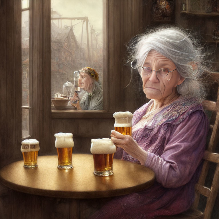 Elderly woman with glasses and purple shawl in cozy tavern with beer mugs