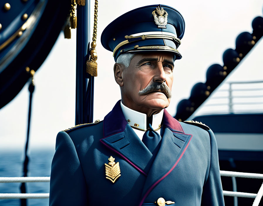 Decorated naval officer in mustache on ship deck with clear sky and sea