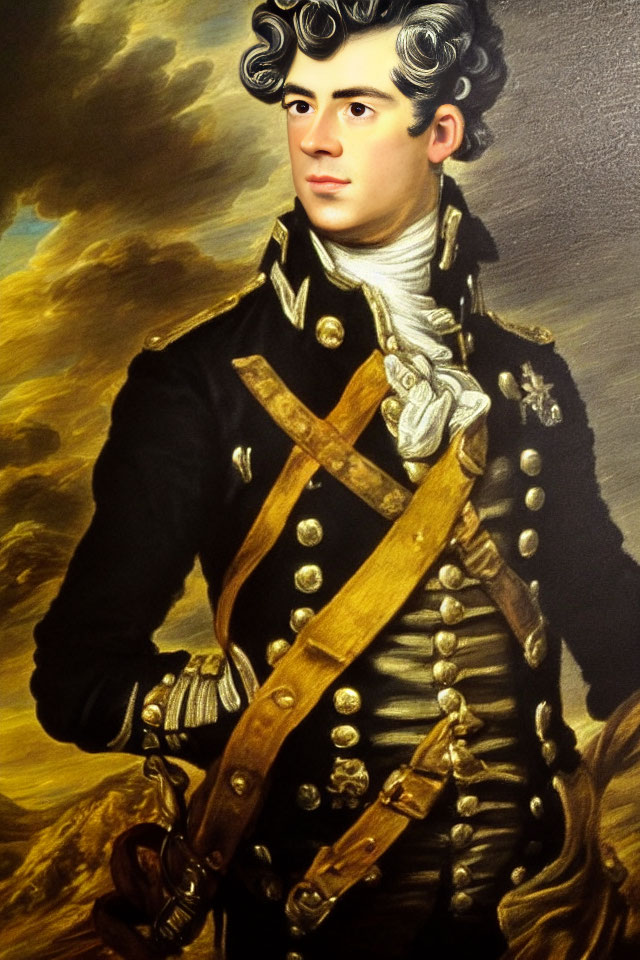 Young man in historical military attire with blue coat and gold buttons.