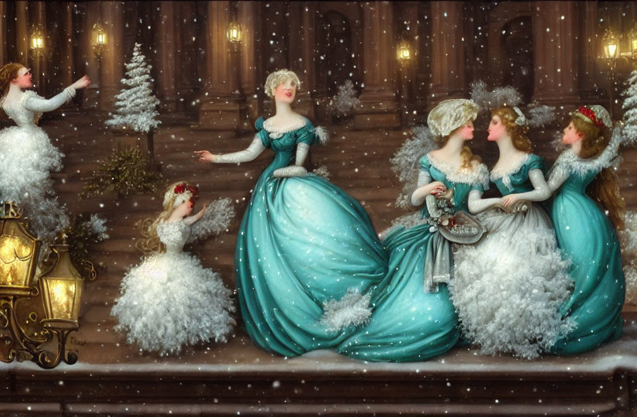 Four women in teal dresses and fur muffs in a winter snowfall scene
