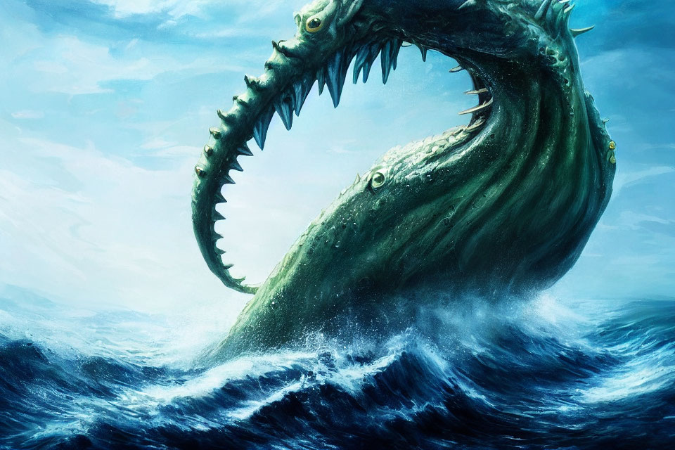 Gigantic sea creature with sharp teeth in turbulent waves
