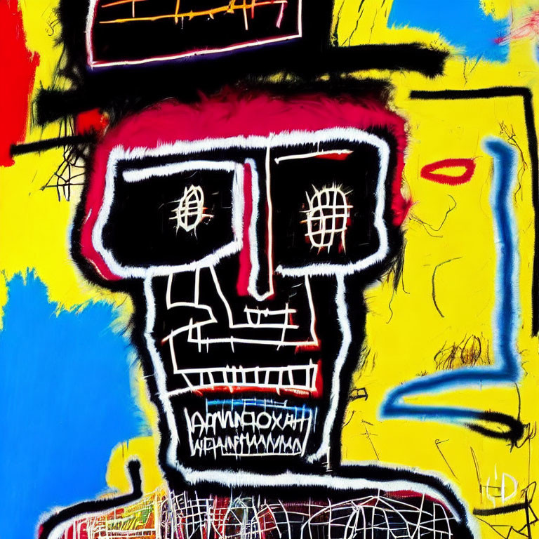 Colorful graffiti-style artwork: skeletal figure on blue and yellow background