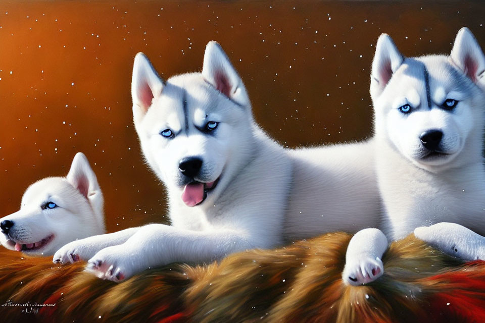 Three Siberian Husky Puppies with Blue Eyes on Furry Surface