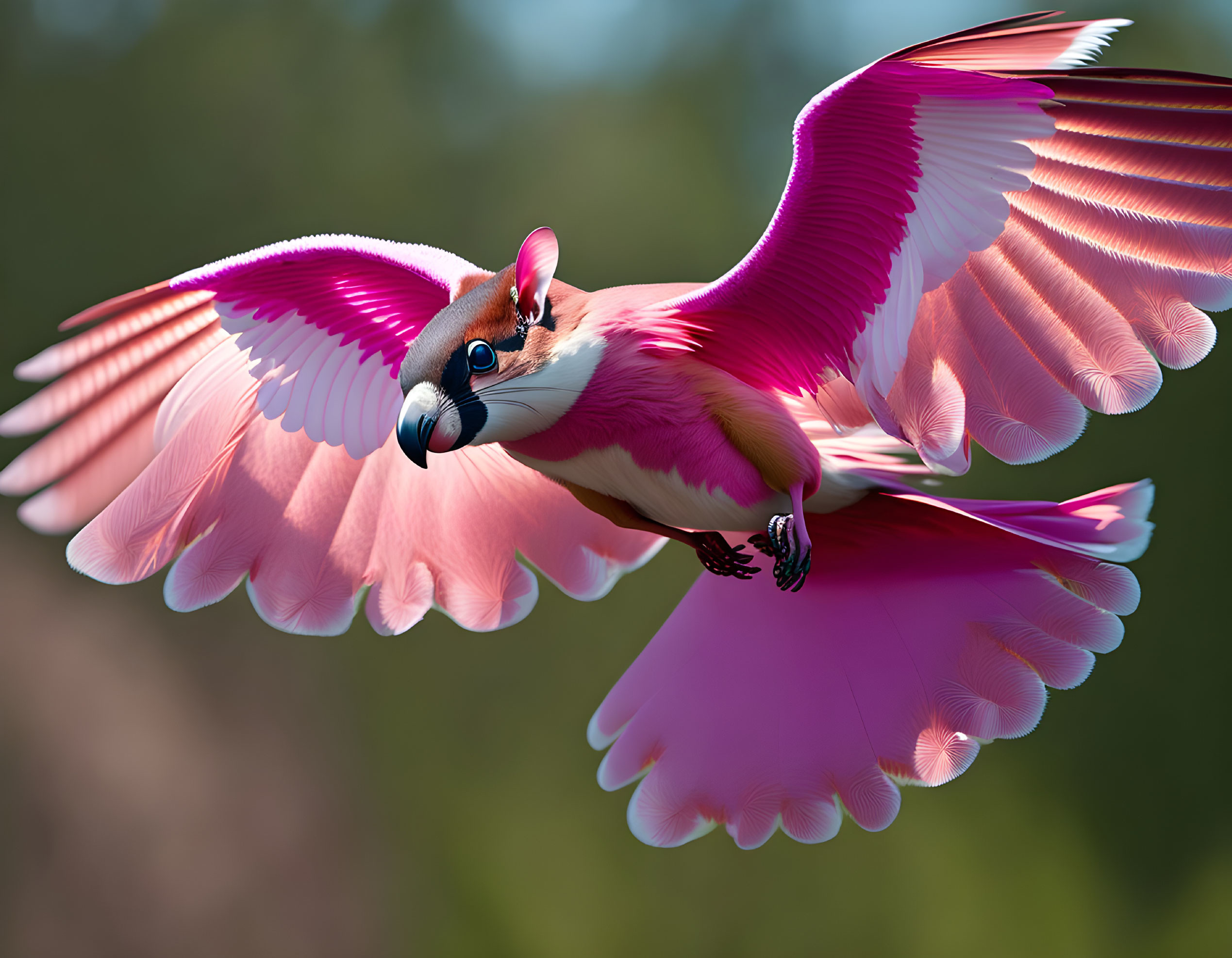 Vibrant pink-winged bird in flight against green backdrop
