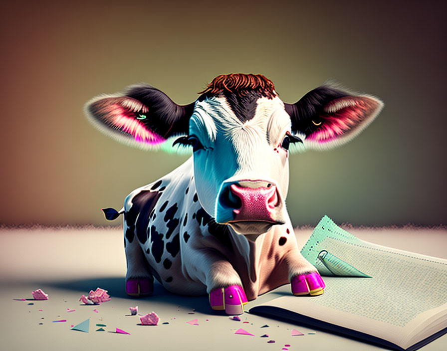 Stylized cartoon cow with large eyes next to open book and pink pencil shavings