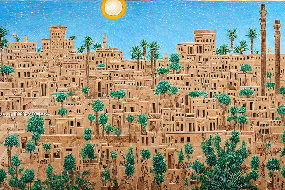 Detailed illustration of ancient Middle Eastern cityscape with mud-brick buildings, palm trees, and celestial elements