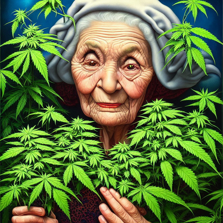 Elderly Woman Smiling Among Cannabis Plants