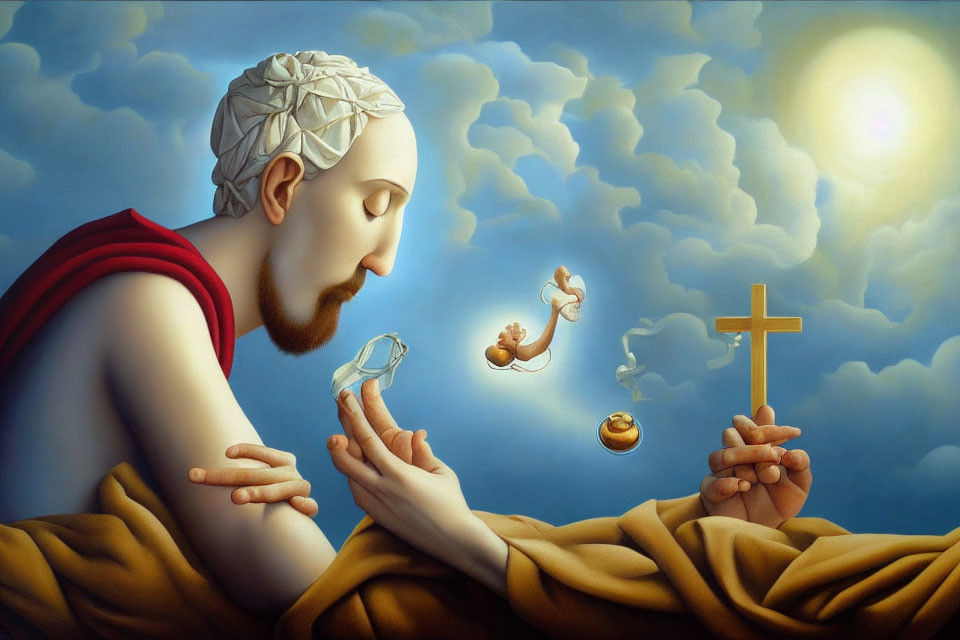 Surreal painting of robed figure with cross and symbolic objects against cloudy sky