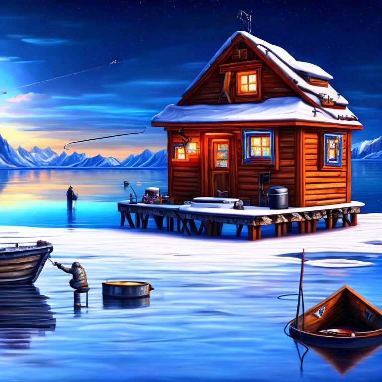 Rustic wooden cabin on snowy lakeside at dusk