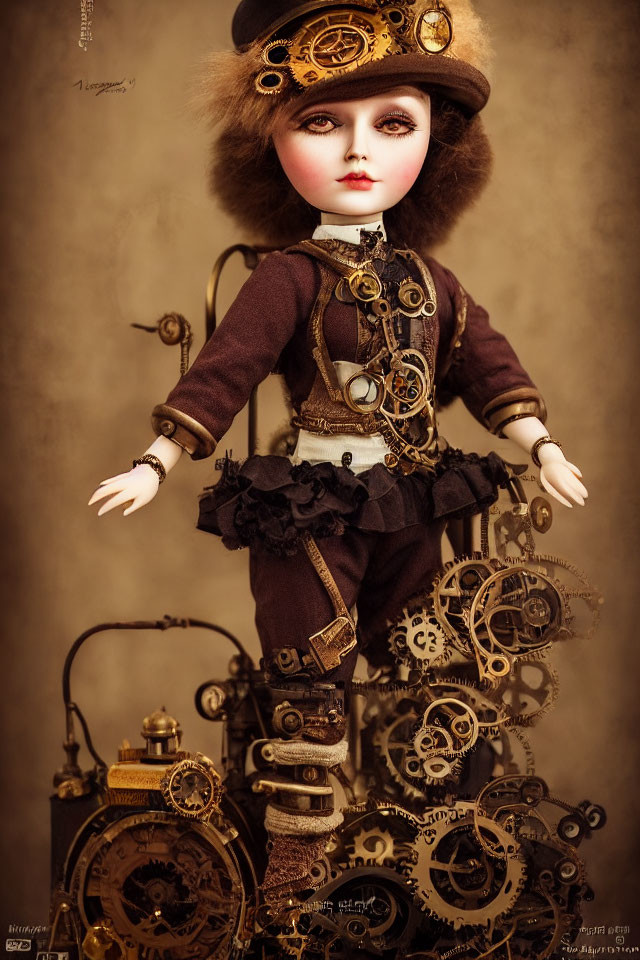 Steampunk-inspired doll with intricate gear details and brown ensemble.