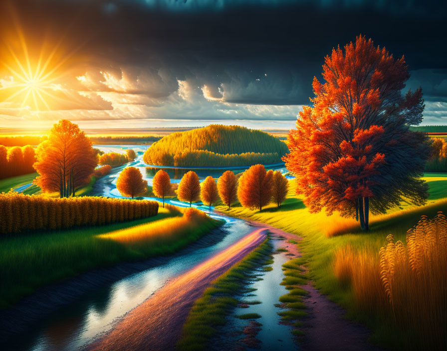 Vivid autumn landscape with winding river and fiery trees