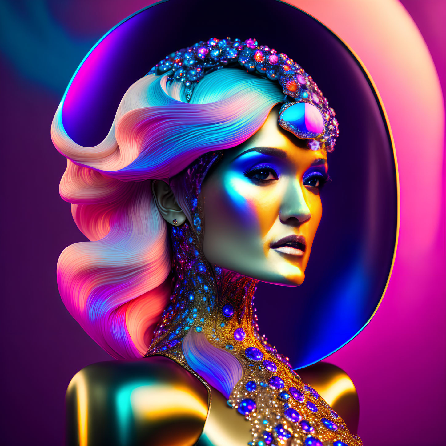 Colorful wavy hair and intricate jewelry on a woman in neon-lit digital portrait