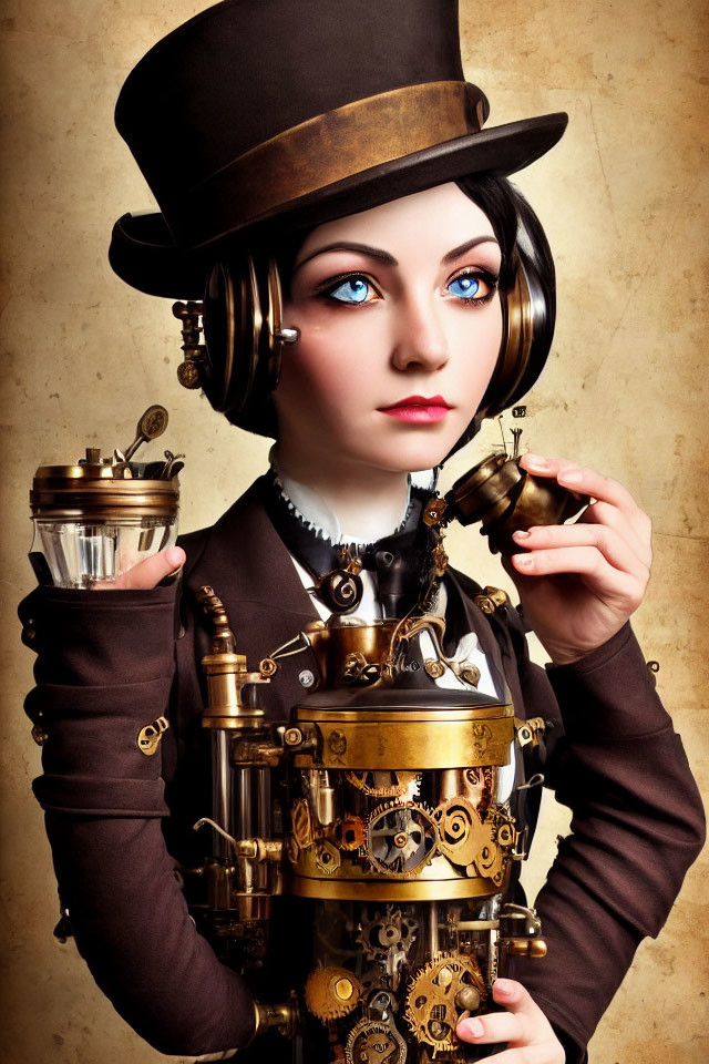 Steampunk-themed portrait with top hat, goggles, and mechanical corset.