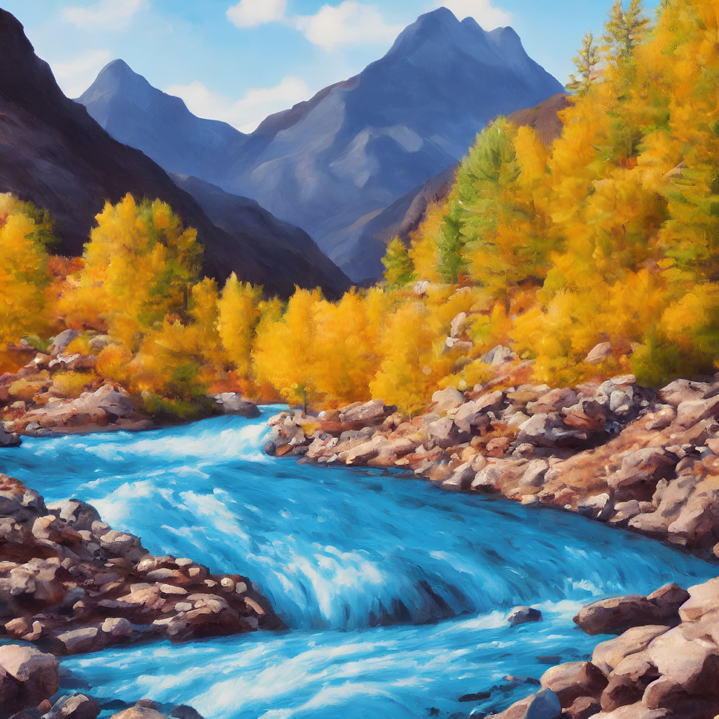 Colorful mountain landscape with blue river and autumn trees.