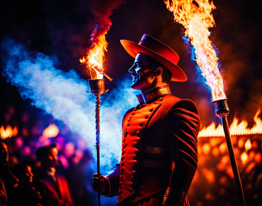 Performer in red jacket and hat holding flaming torch against blue smoke and fire