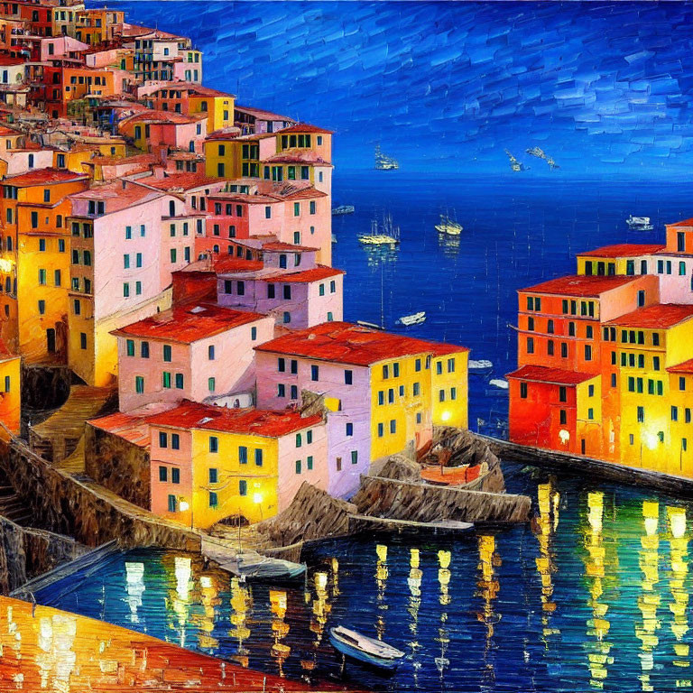 Vibrant coastal village at twilight with reflections and boats in impressionist painting