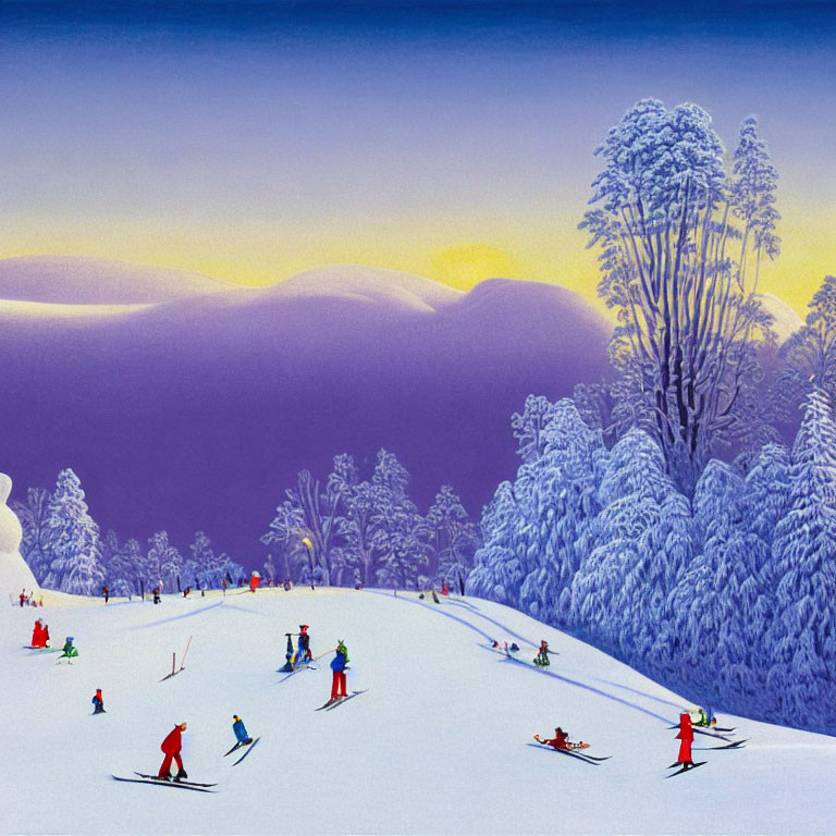 Snowy slope skiers with dense trees and purple mountains under clear sky